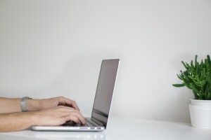 person using laptop on a white table with a small green plant
